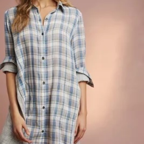 Anthropologie Saturday Sunday Muslin Blue Plaid Gauzy Tunic Shirt Dress - Picture 1 of 3